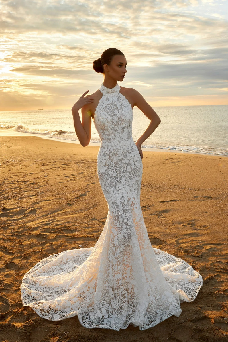 #DZ9638 Lace Mermaid Long Wedding Dress Halter Neck