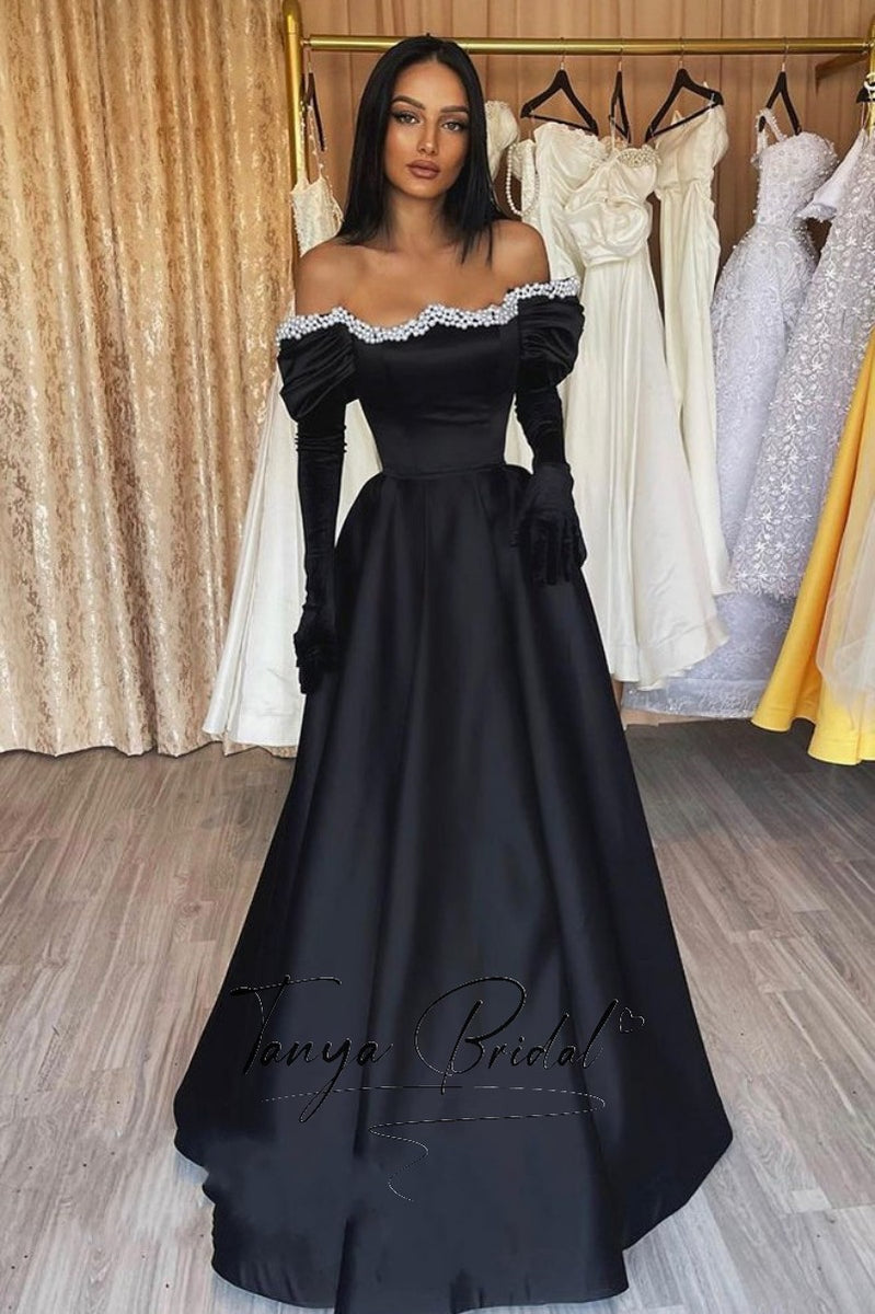 Black Prom Dress Off The Shoulder With Gloves – TANYA BRIDAL