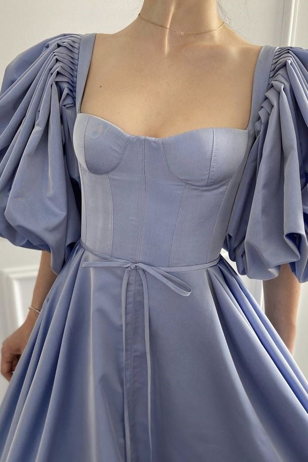 Navy Laced Square Neck A-Line Short Party Dress
