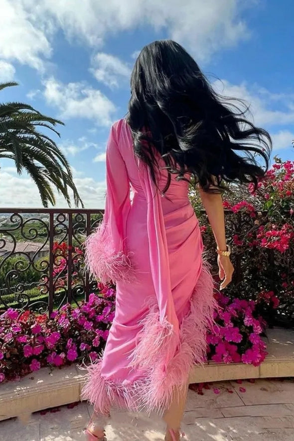 One Shoulder Pink Feather Satin Cocktail Dresses