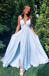 Deep V Neck Blue Stretch Satin Long Prom Dresses, Bridesmaid Dress 03181519