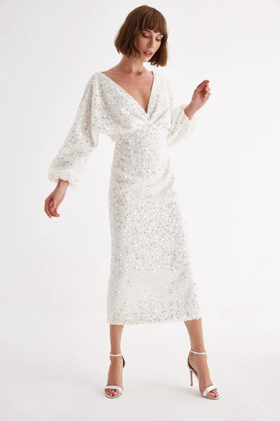 Long Sleeve Tea Length Wedding Dresses Sequins Sparkly ZW867