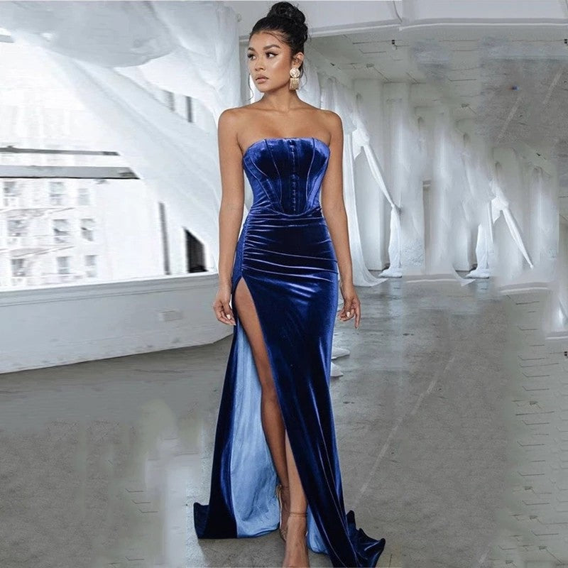 Simple Velvet Evening Dress Mermaid High Split Prom Party Gowns – TANYA BRIDAL Simple Velvet Evening Dress Mermaid High Split Prom Party Gowns – TANYA BRIDAL