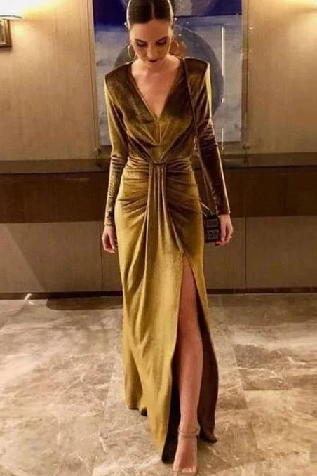 gold velvet dress Long Sleeves Deep V Evening Dresses Gold Velvet High Side Split – TANYA  BRIDAL