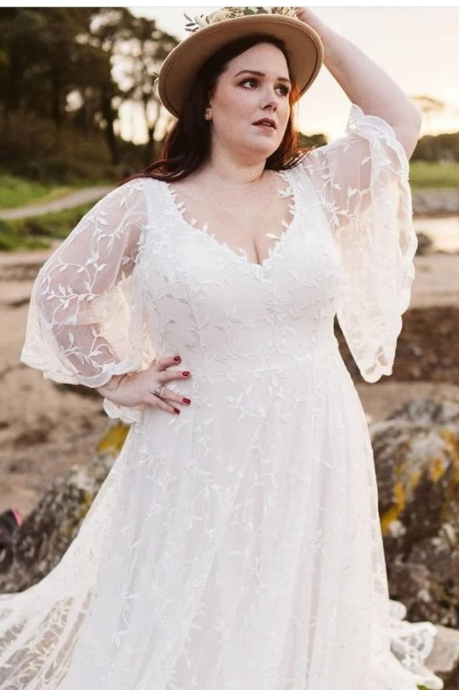 Plus Size V Neck Flare Sleeves Bohemian Lace Wedding Dress – TANYA BRIDAL
