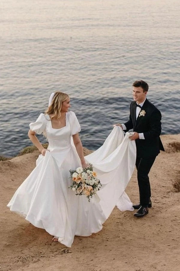 Simple Puffy Sleeves A Line Satin Wedding Gown – TANYA BRIDAL