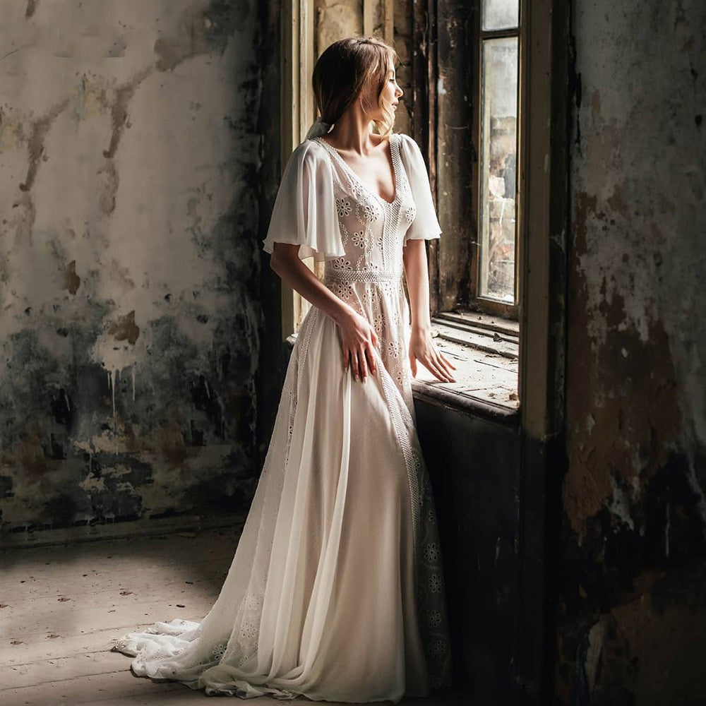 short fit and flare wedding dress Sleeve Dresses V-Neck Bohemian Bridal Gowns DW416 – TANYA BRIDAL suitable for the solemnity self tie bow Color:EMERALD Chic Beach Mother of