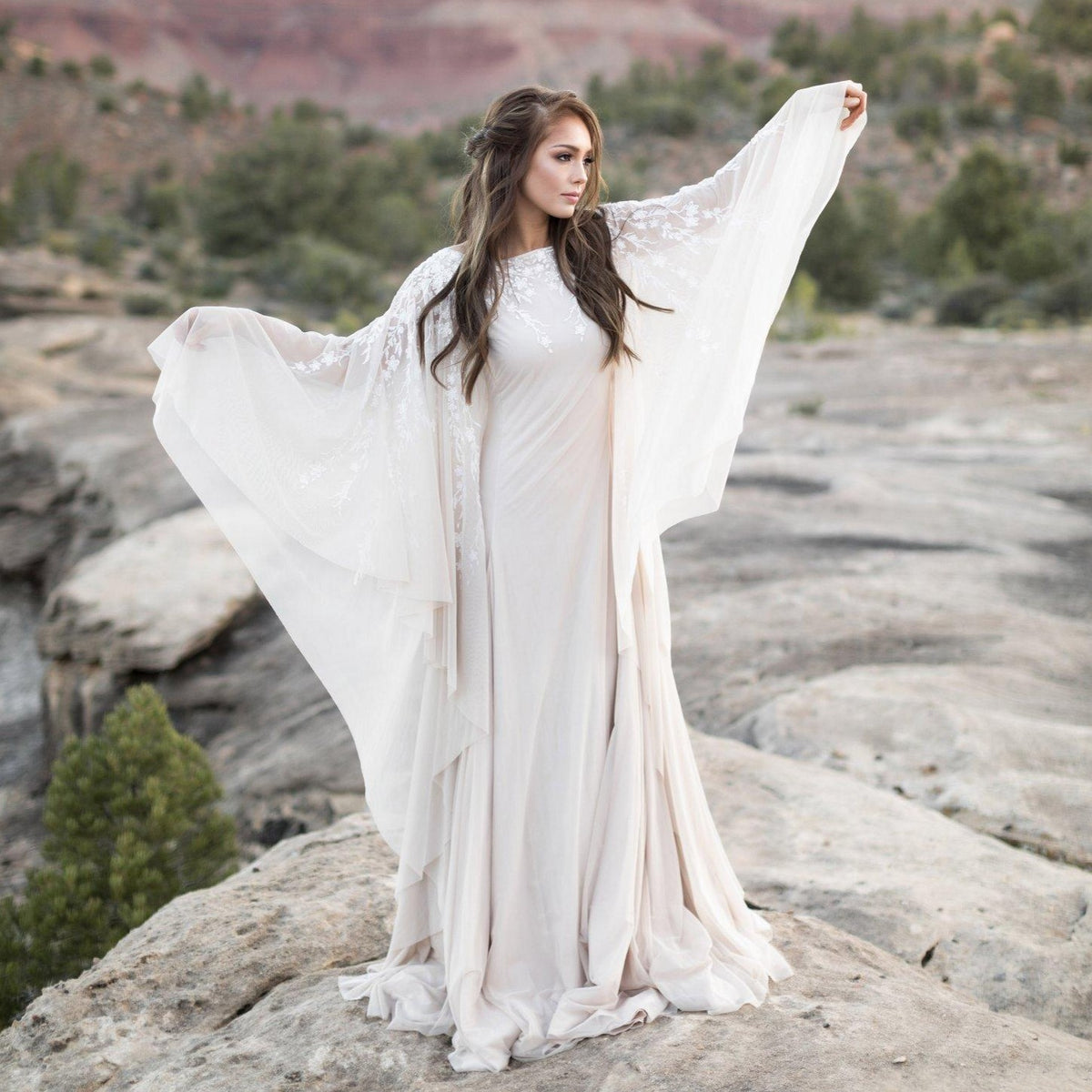 Bohemian Wedding Dresses Lace Neck Long Bell Sleeves – TANYA BRIDAL