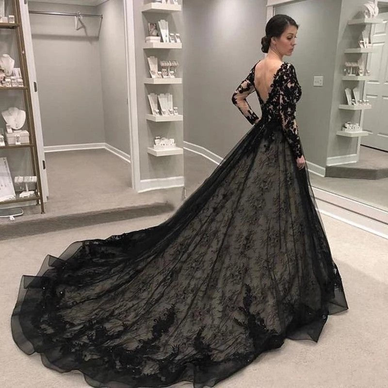 Gothic Black Vintage Wedding Dresses A Line V Neck – TANYA BRIDAL