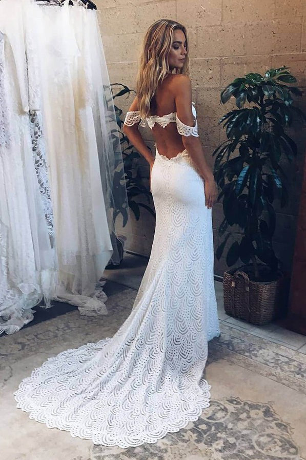 Mermaid Off-The-Shoulder Backless Lace Wedding Dress With Split – TANYA BRIDAL