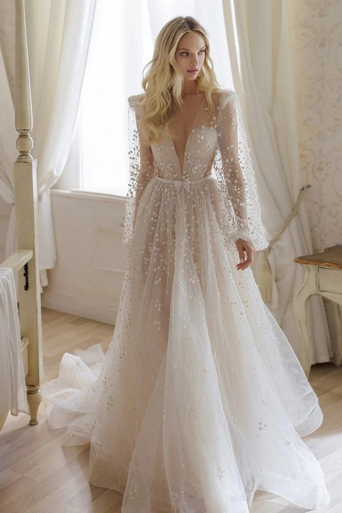 Long Sleeve V-Neck Romantic Boho Bridal Gowns A Line Noivas ZW878 – TANYA BRIDAL