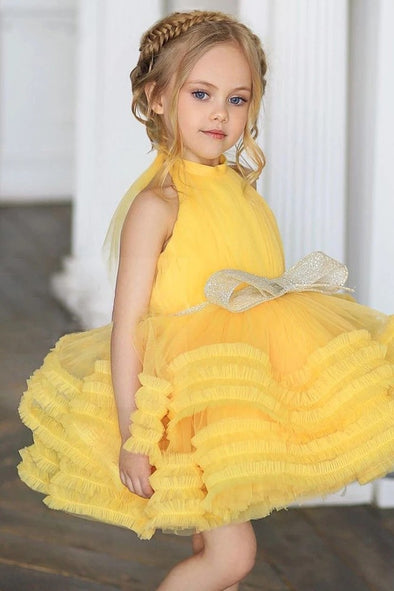 Yellow Baby Bow Puffy Flower Girl Dresses