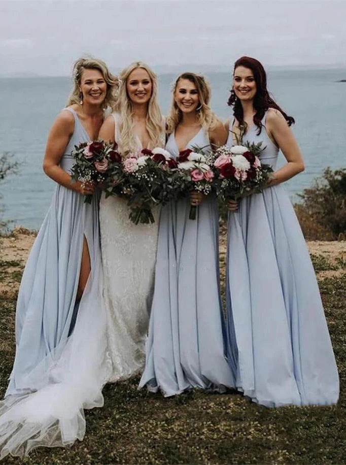 V Neck Dusty Long Chiffon Simple Bridesmaid Dresses – TANYA BRIDAL