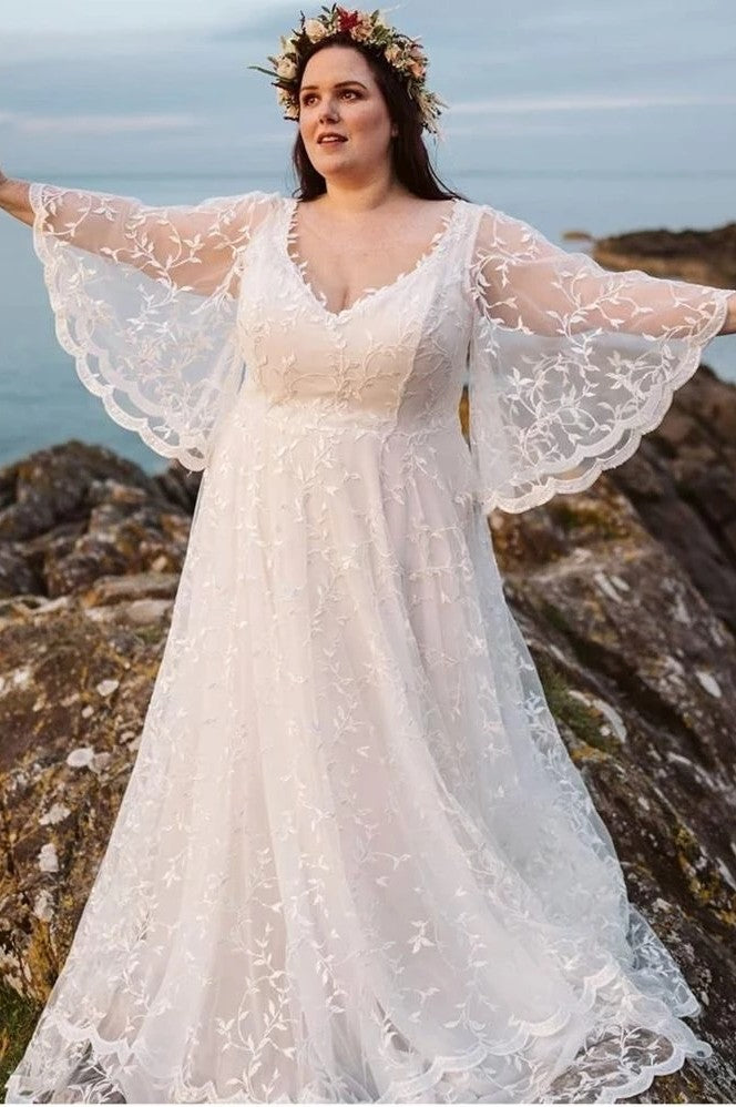 Plus Size V Neck Flare Sleeves Bohemian Lace Wedding Dress – TANYA BRIDAL