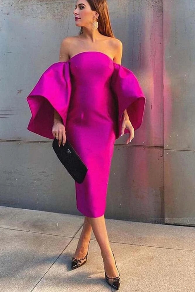 Glamorous Fuchsia Tea-Length Evening Dress with Spaghetti-Straps Tulle