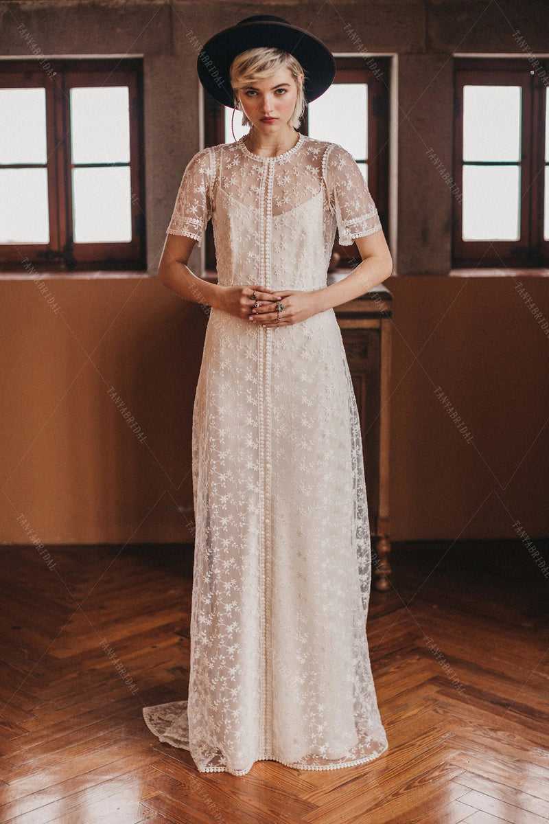 chinese dress ladies A-line V neck Sparkly Rustic Wedding Dresses Applique Open Back Bridal –  SELINADRESS main image 0