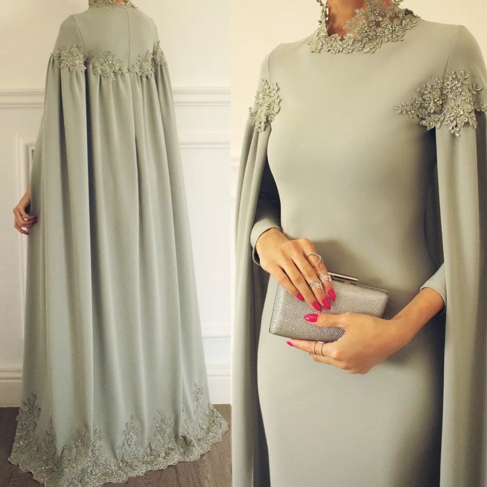 Muslim Satin Wedding Dress – Pearls High Neck Long Sleeve