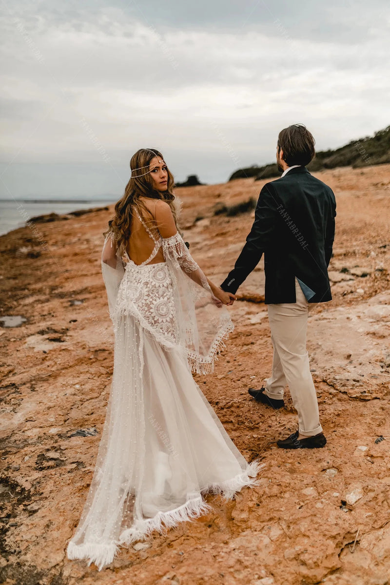 Flare Sleeve Pearls Feather Luxury Boho Wedding Dresses Chic ZW494 – TANYA BRIDAL