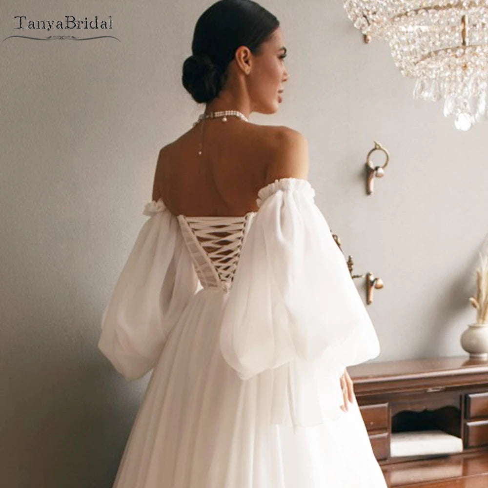 Off Shoulder Lantern Sleeves Chiffon Wedding Dress