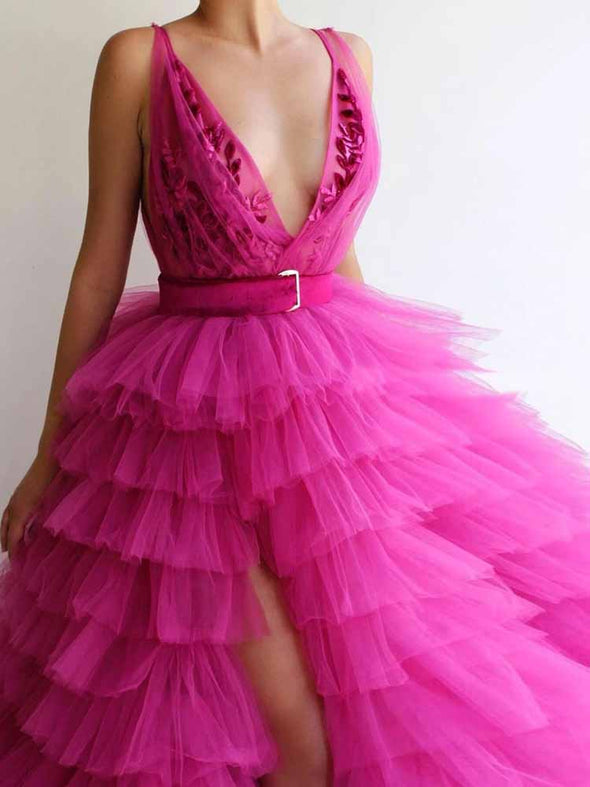 V Neck Tulle Hot Pink Prom Dress Vintage Custom Evening Dress 213111150