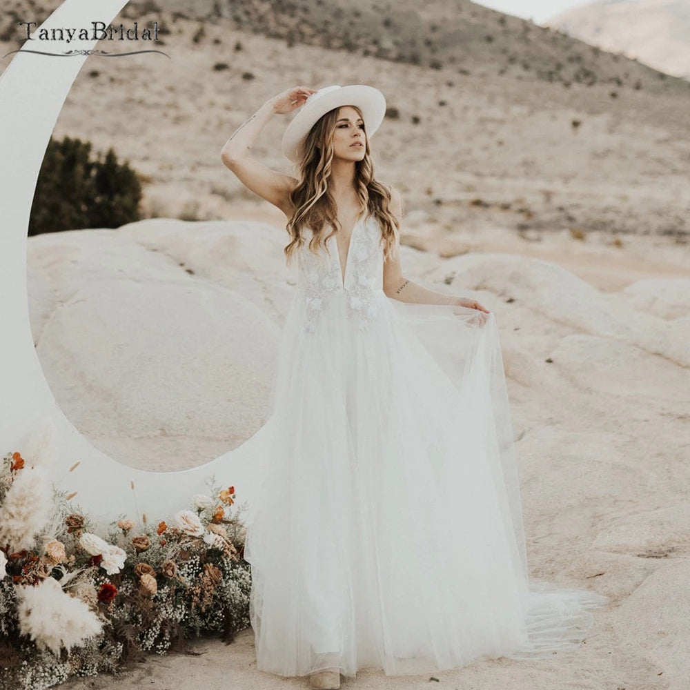 Deep V-Neck Wedding Dresses A Line Boho Beach Bridal Gowns DW482  TANYA  BRIDAL