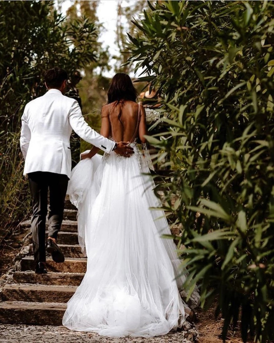 Deep V Backless Split Sweep Train Bohemian Wedding Bridal Dress TB1388 –  TANYA BRIDAL