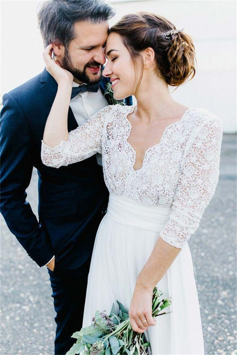 Deep V-neck 3/4 Sleeves Backless Beach Wedding Dresses  TANYA BRIDAL