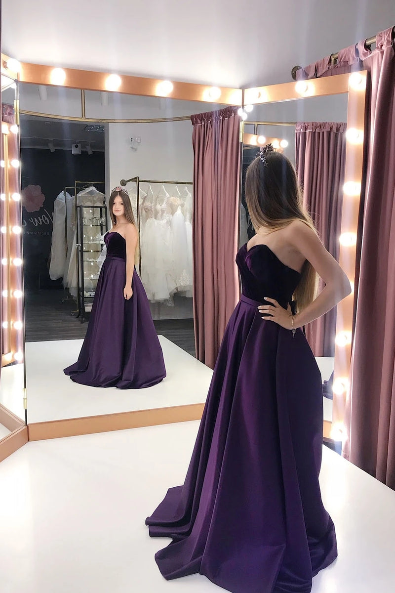 Elegant Purple Satin Sweetheart Long Prom Dresses With Pockets TB1326 TANYA BRIDAL Elegant Purple Satin Sweetheart Long Prom Dresses With Pockets TB1326 TANYA BRIDAL