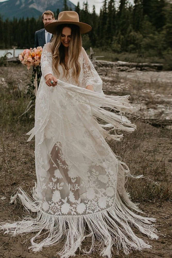 #DW450 Flare Sleeve Boho Wedding Dresses Tassel Vestido de Noivas – TANYA BRIDAL
