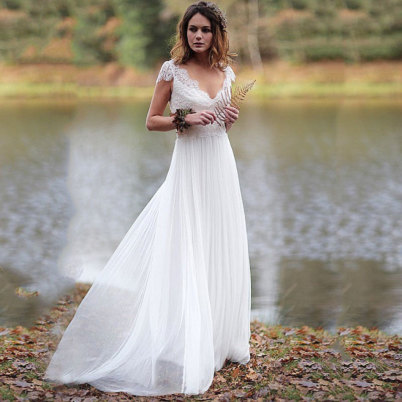 Tulle A Line V Neck Beach Wedding Dresses With Appliques, Bridal Gown, PW384 main image 1