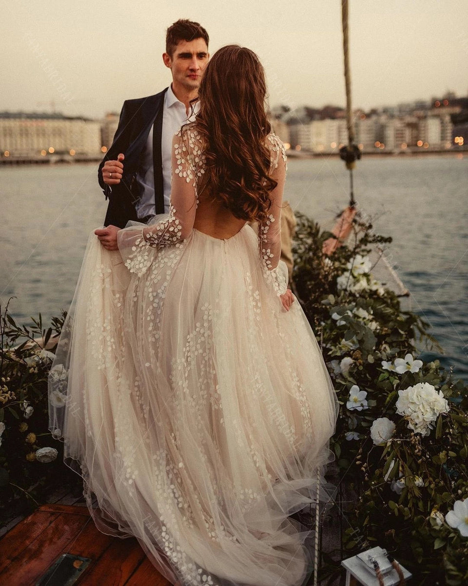 bohemian winter wedding dresses Leaf Lace Full Sleeve robe de soriee ZW505 – TANYA BRIDAL Backless Chain Detail Cut essential dresses Length:L Close bodice with high