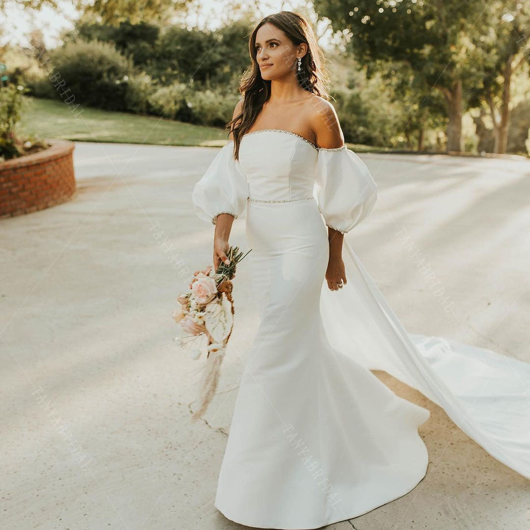 Puff Sleeve Satin Wedding Dresses Mermaid Bridal Gowns With Detachable – TANYA BRIDAL