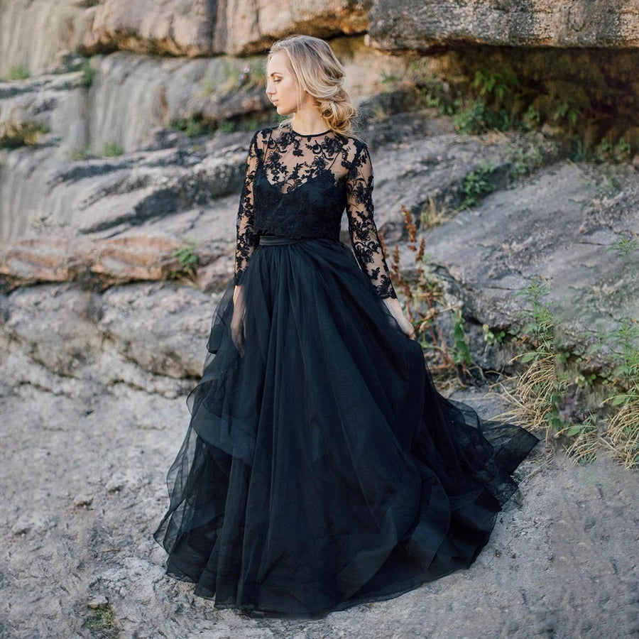 Outdoor Black Wedding Dress with Removable Lace Jacket TANYA BRIDAL