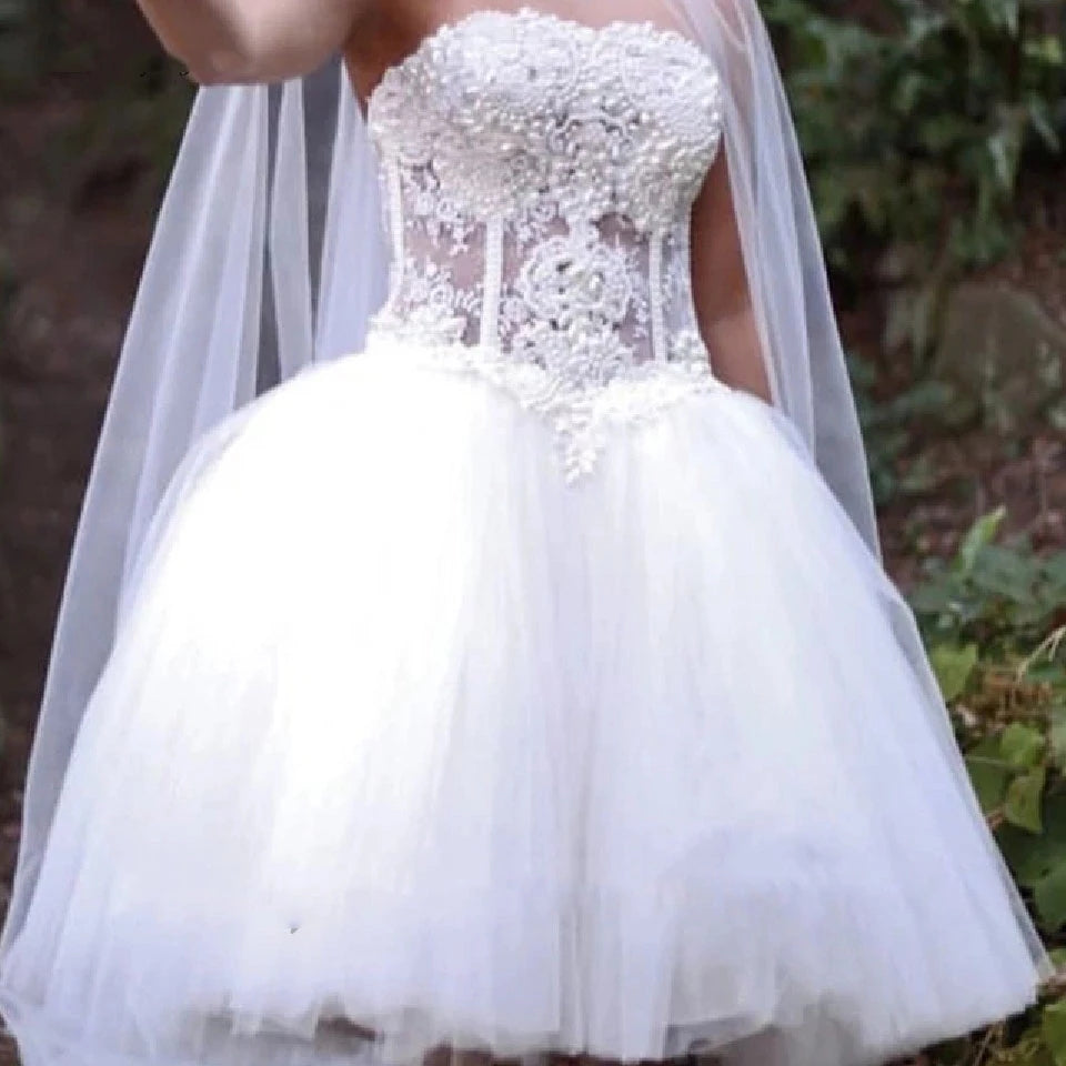 Short Wedding Dress with Long Pearls Cape TBW81 – TANYA BRIDAL