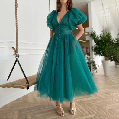 Teal Green V-Neck Dotted Tulle Homecoming Dresses