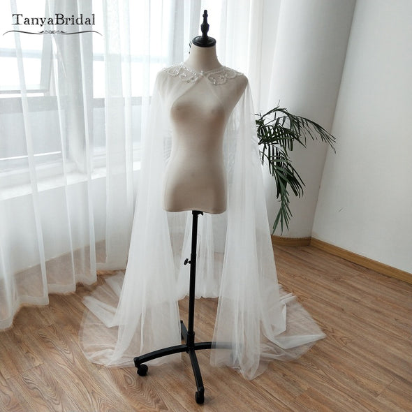 Two Layers Tulle Cape Beaded Tulle Fairy Wedding Shawls Formal Wrap Wedding Noivas Accessories DJ052
