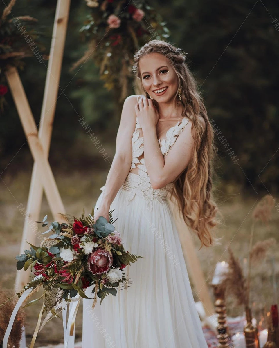 Boho Wedding Dresses Sheer Neck A Line Backless Bridal Gowns DW519 – TANYA  BRIDAL