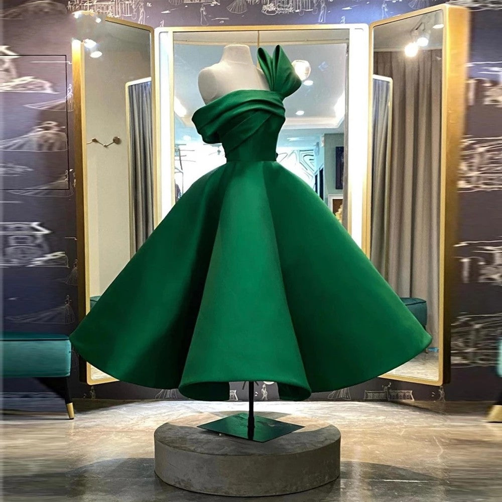 New Design Saudi Arabia Evening Dresses Green Satin Pleats Puffy Short Prom Gowns