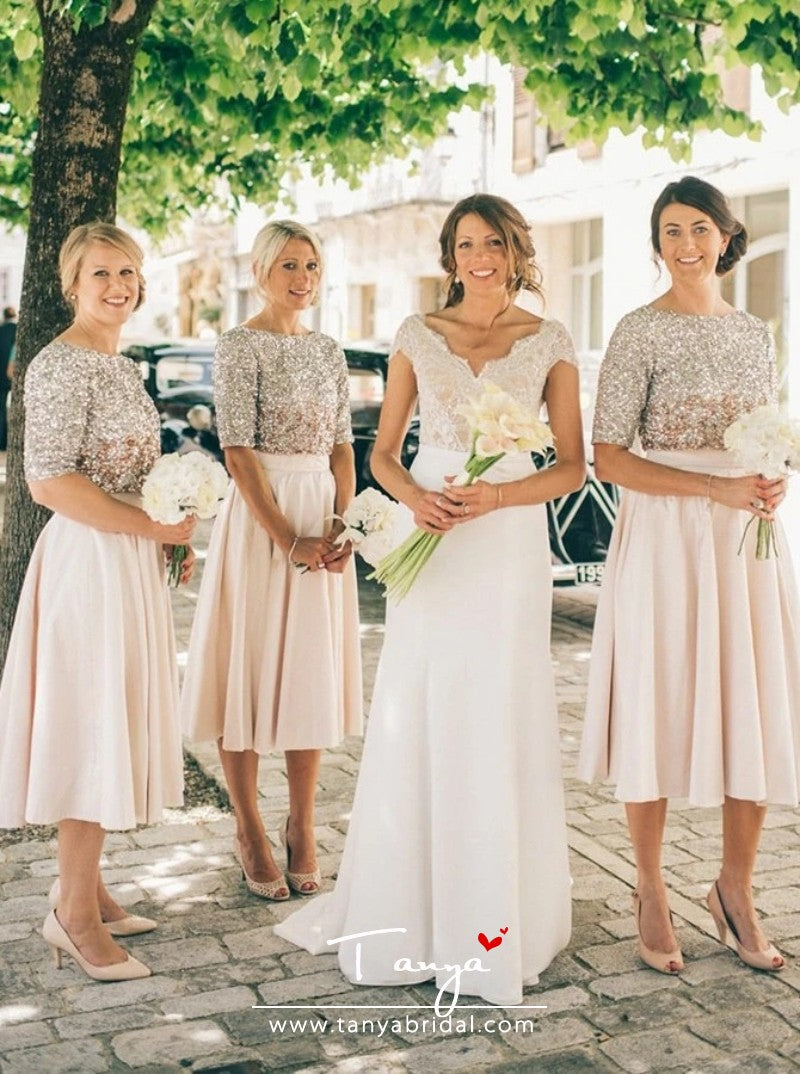 2 day shipping bridesmaid dress Two Piece Bateau Pearl Pink Satin with Sequins – TANYA BRIDAL Bridal dress
