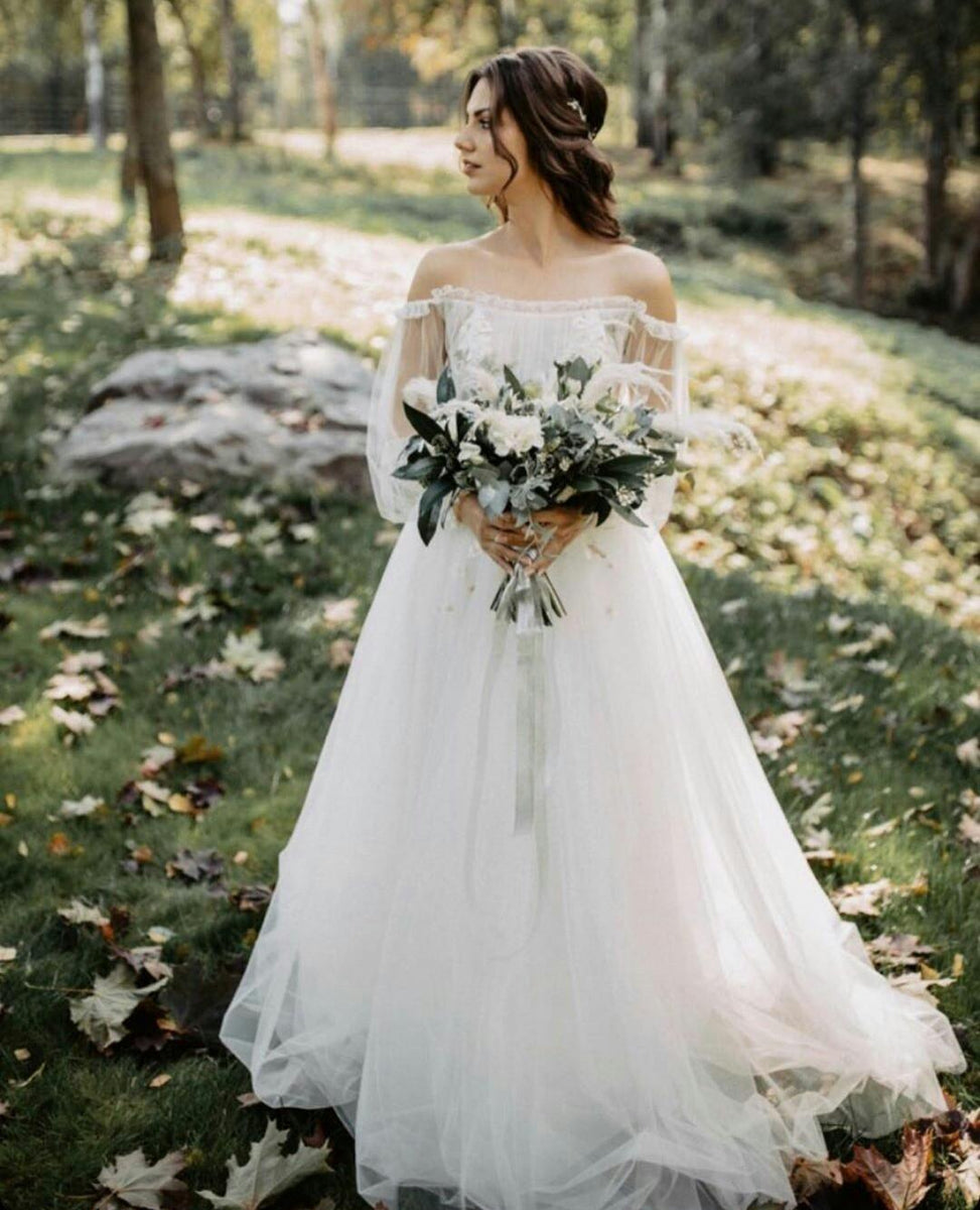 Boho Wedding Dresses Strapless Lace Long Sleeves – TANYA BRIDAL