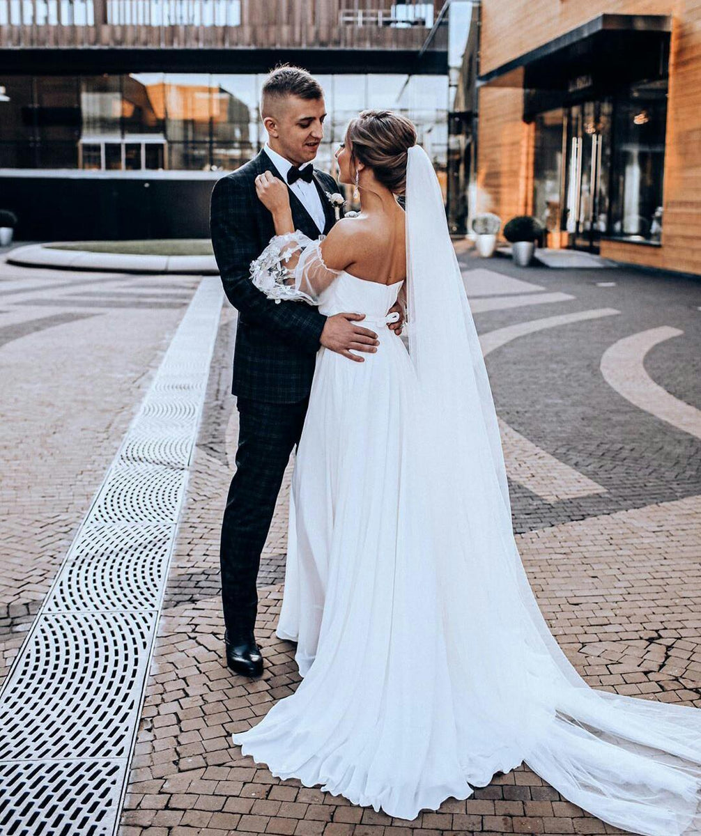 Sweetheart Long Sleeves Split Lace Chiffon A-Line Wedding Dress – TANYA BRIDAL
