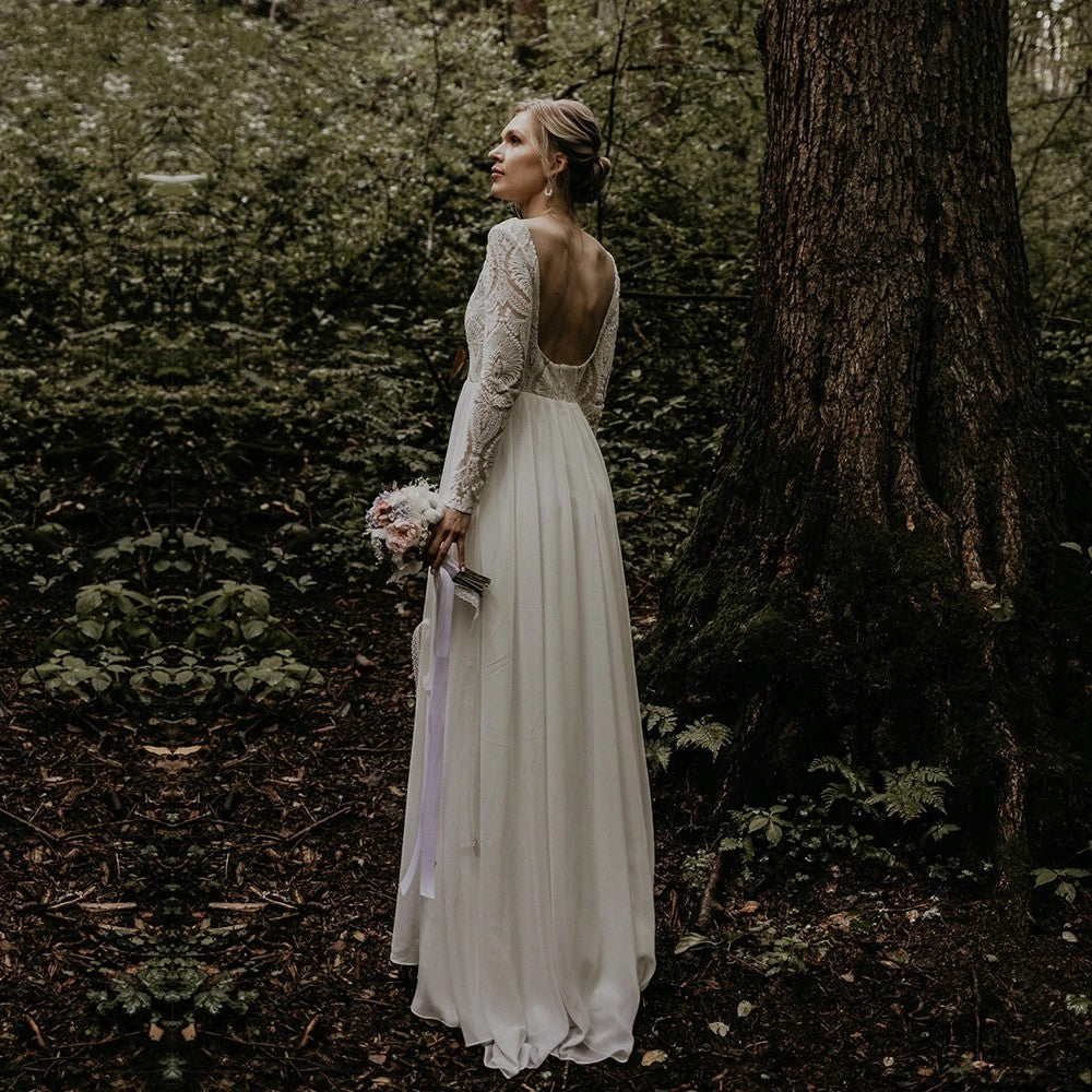 Long Sleeve Lace Backless Wedding Dress ZW464 – TANYA BRIDAL