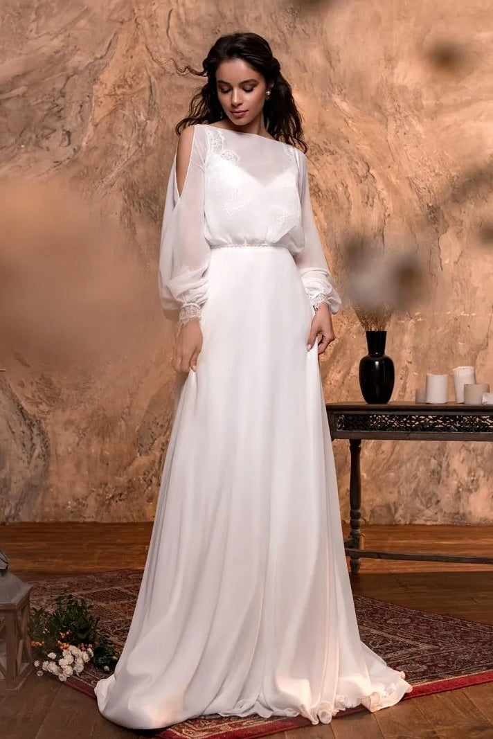 DZ9490 Flowing Chiffon A Line Wedding Dress For Bride With Long Sleev TANYA BRIDAL DZ9490 Flowing Chiffon A Line Wedding Dress For Bride With Long Sleev TANYA BRIDAL