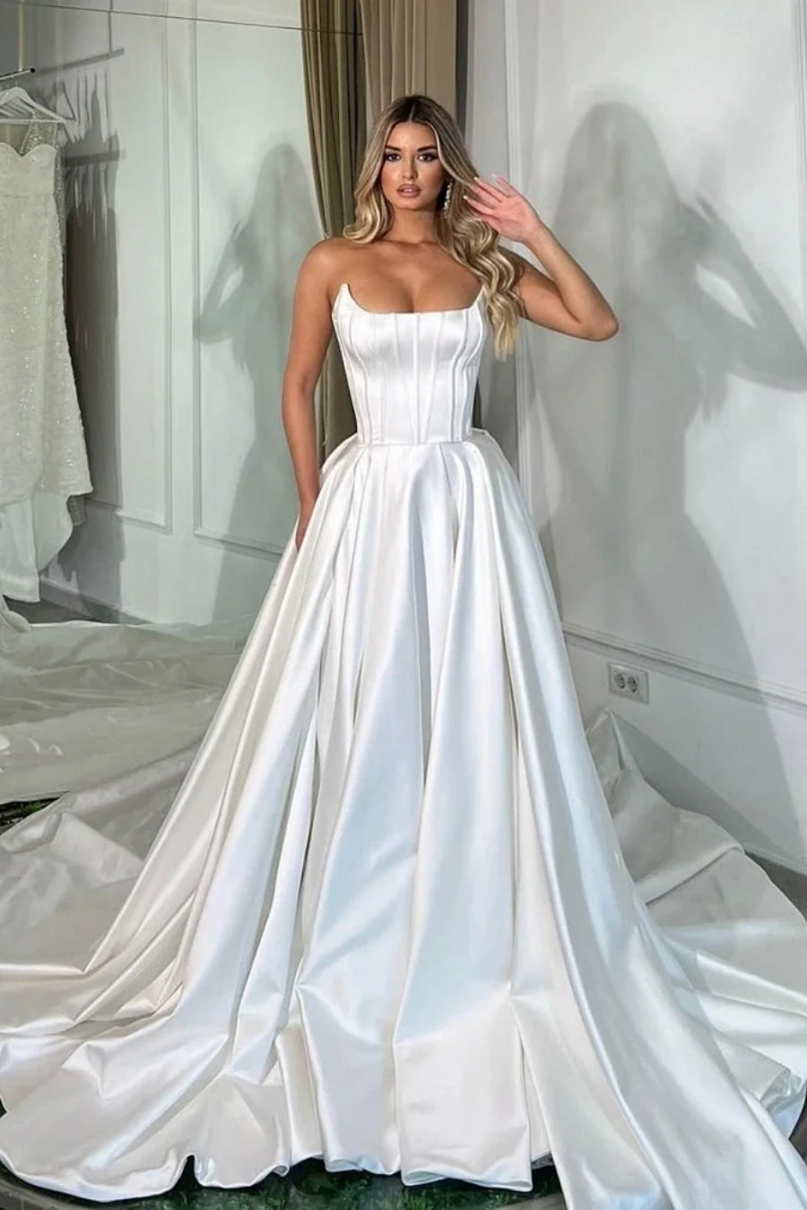 Long Satin Wedding Dress Lace Up Back – TANYA BRIDAL Long Satin Wedding Dress Lace Up Back – TANYA BRIDAL