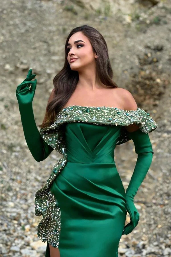Green Off-the-Shoulder Mermaid Prom Dress With Split Beadings – TANYA ...