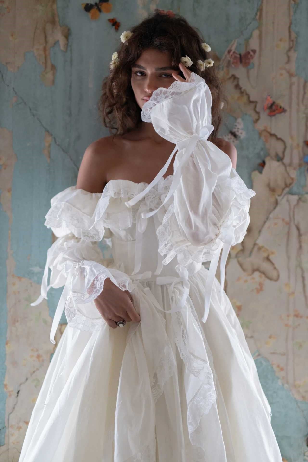 Off The Shoulder Taffeta Long Wedding Dress With Sleeves TSWD354 – TANYA BRIDAL