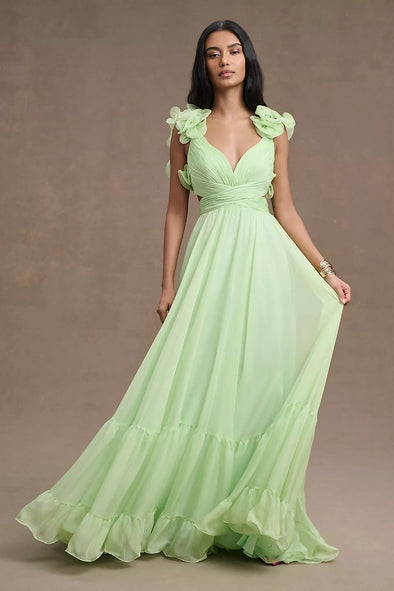 Backless A Line Long Evening Prom Gown With Flower Sleeves