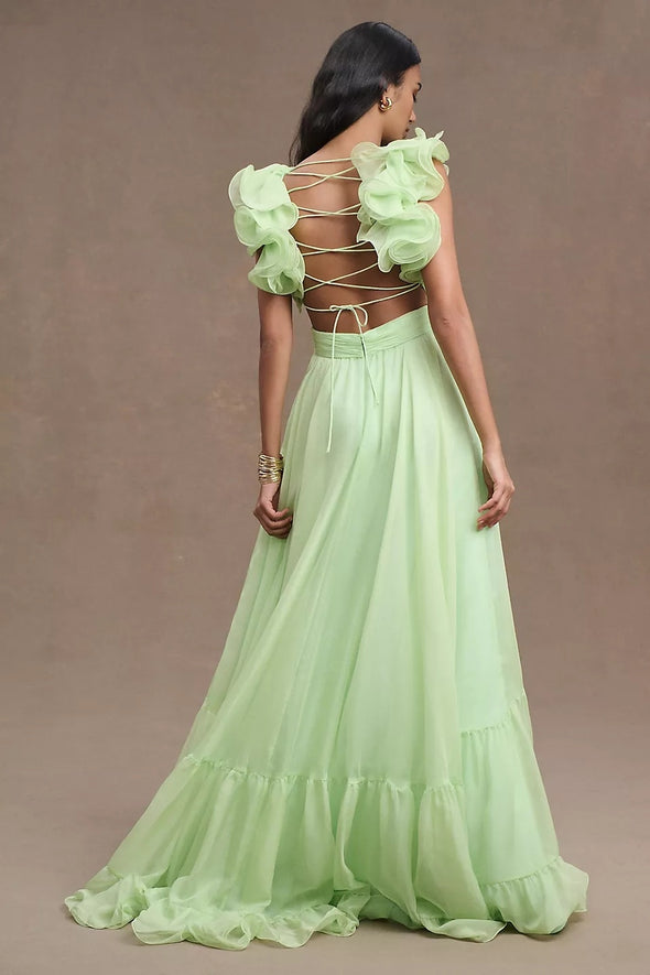 Backless A Line Long Evening Prom Gown With Flower Sleeves