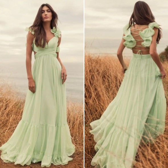 Backless A Line Long Evening Prom Gown With Flower Sleeves