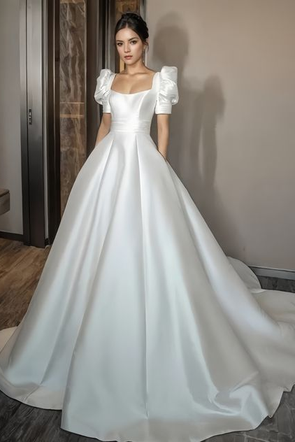 Square Neck Ball Gown Satin Wedding Dress
